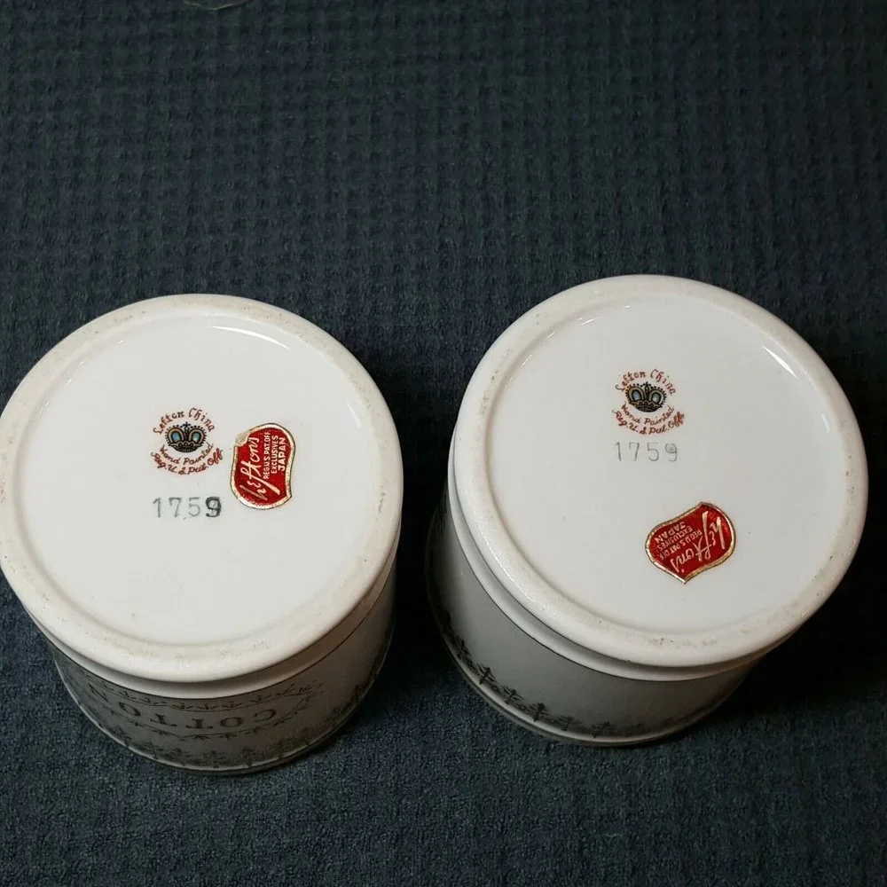 Vtg Lefton China Handpainted Cotton & Powder Holders Gold Embellishments No Lids